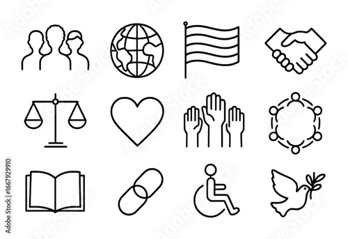 Diversity Symbols Grid. Outline icon set of diversity and inclusion: diverse silhouettes, globe, rainbow flag,