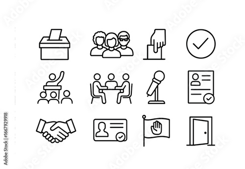 Participatory Democracy Icons. Outline icon set of participatory democracy: ballot box, diverse people, voting