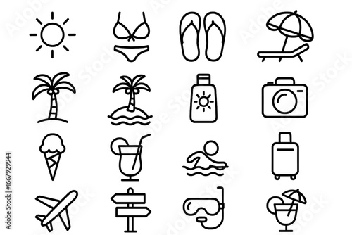 Summer beach travel line icon set with vacation relaxation symbols, tropical palm trees, swimwear, sunscreen, camera, suitcase, airplane, drinks, and snorkeling gear, fun vector cartoon illustration