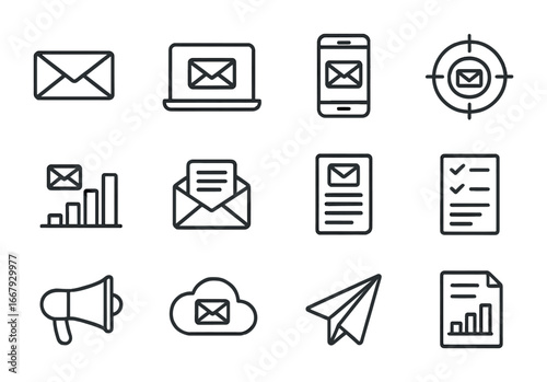 Email Marketing Icons. Outline icon set of email marketing: envelope, laptop, smartphone, target, bar graph,