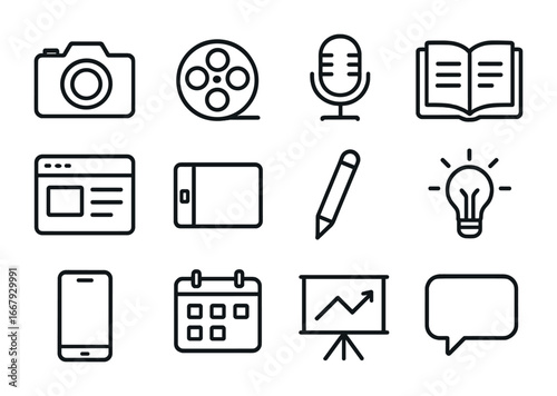 Content Creation Icons. Outline icon set of content creation: camera, video reel, microphone, open book, blog