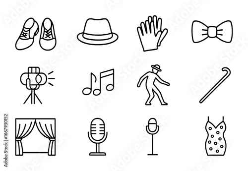 Jazz Dance Icons. Outline icon set of jazz dance: shoes, fedora hat, gloves, bow tie, spotlight, music notes,