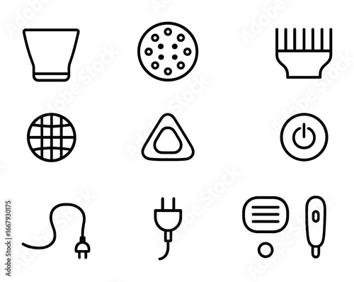 Hair Dryer Attachments. Outline icon set of hair dryer attachments: concentrator nozzle, diffuser, comb