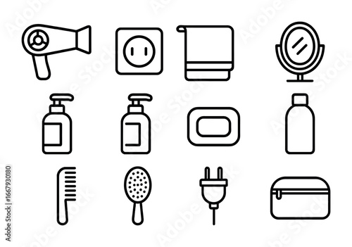 Hotel Bathroom Essentials. Outline icon set of hotel bathroom essentials: portable hair dryer, wall socket,