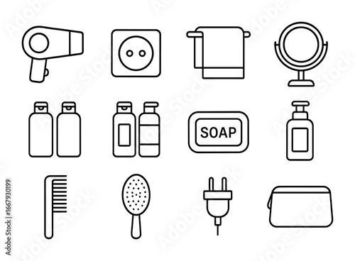 Hotel Bathroom Essentials. Outline icon set of hotel bathroom essentials: portable hair dryer, wall socket,