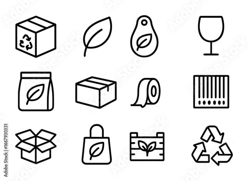 Eco Packaging Icons. Outline icon set of eco packaging: recycled box, green leaf, eco label, fragile symbol,