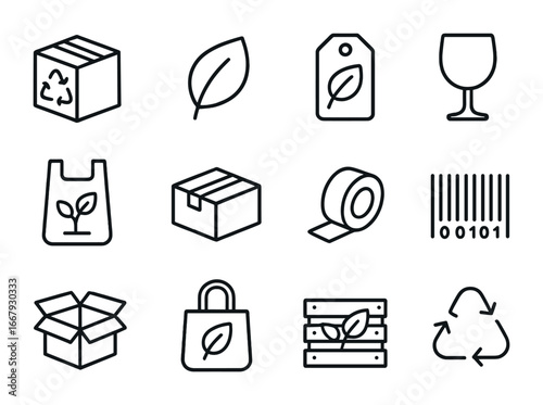 Eco Packaging Icons. Outline icon set of eco packaging: recycled box, green leaf, eco label, fragile symbol,