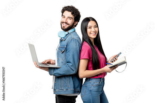 young couple with laptop and book isolated on white