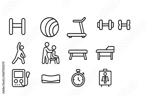 Physiotherapy Tools Icons. Outline icon set of physiotherapy for bone recovery: resistance band, exercise ball
