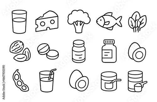 Bone Healing Nutrition Icons. Outline icon set of nutrition for bone healing: milk glass, cheese, broccoli,