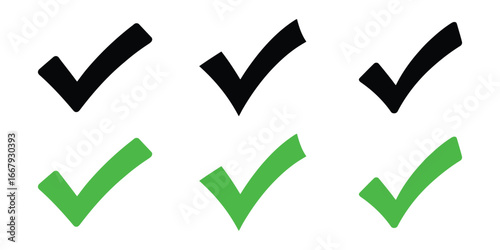 Six hand drawn check marks in black and green isolated on white background