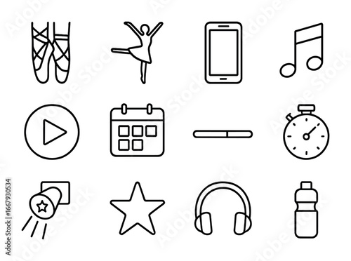 Ballet Practice Icons. Outline icon set of ballet practice apps: ballet shoes, dancer silhouette, smartphone,