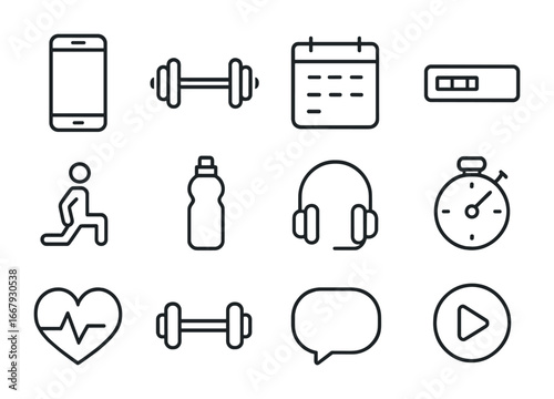 Virtual Gym Icons. Outline icon set of virtual gym memberships: smartphone, barbell, calendar, progress bar,