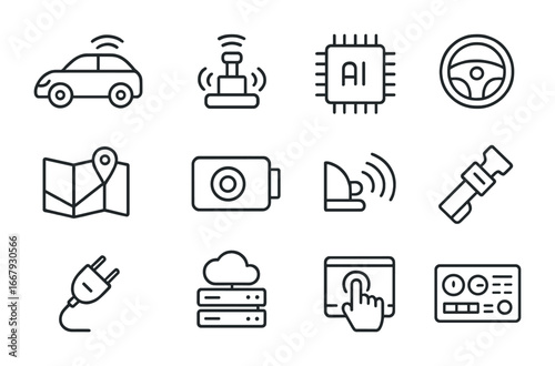 Autonomous Vehicle Icon Set. Outline icon set of autonomous vehicles: self-driving car, lidar sensor, AI chip,