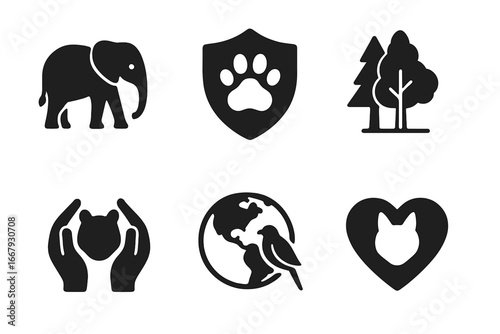 Animal conservation solid icon set. Wildlife protection, nature, forest and pet symbols. Vector glyphs for ecology, environment, rescue, and animal care. Earth day concept.