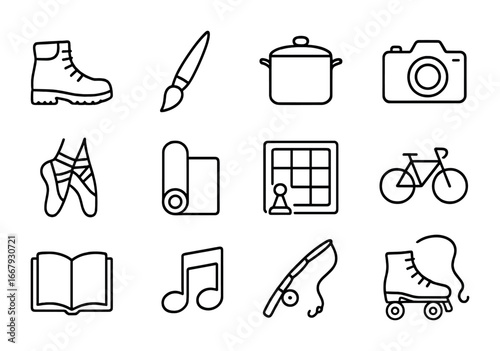 Couple's Hobbies Icons. Outline icon set of couple hobbies: hiking boots, paintbrush, cooking pot, camera,