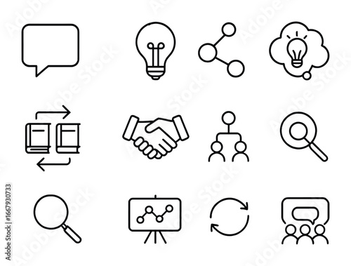 Knowledge Sharing Icons. Outline icon set of knowledge sharing: speech bubble, lightbulb, connected dots, book