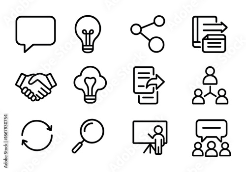 Knowledge Sharing Icons. Outline icon set of knowledge sharing: speech bubble, lightbulb, connected dots, book