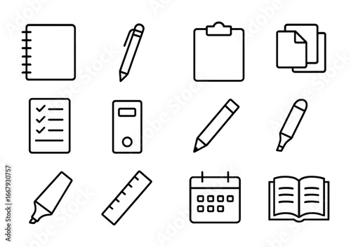 Note-taking Icon Set. Outline icon set of note-taking: notebook, pen, sticky notes, clipboard, checklist,