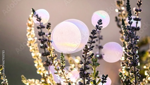 Soft Mauve Light Bubbles Rising Above Purple Flowers