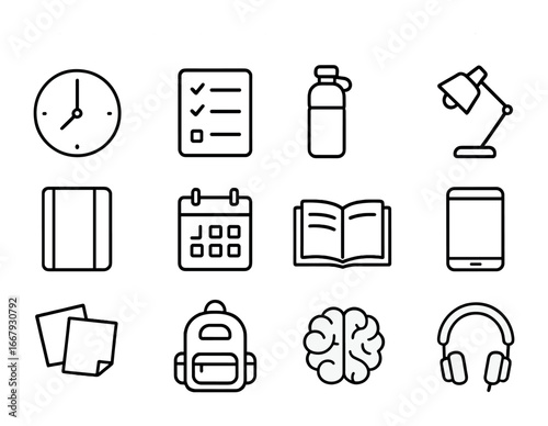 Study Habits Icons. Outline icon set of effective study habits: clock, checklist, water bottle, desk lamp,