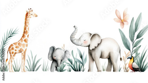 Watercolor illustration of African Animals lemur flam. Two aquarelle depiction african fauna primate flamingo vibrant painting wildlife creature avian exotic artistic picture.