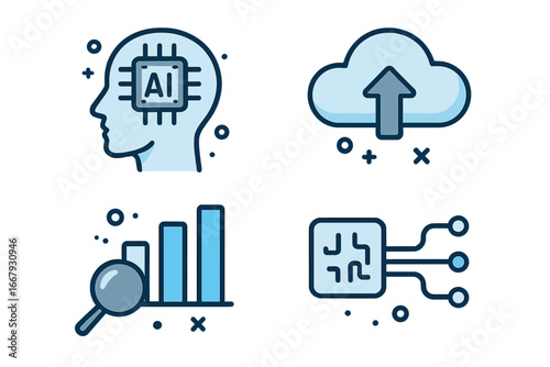 Digital technology icons set with AI, cloud computing, data analysis, and processing. Concepts for machine learning, business intelligence, big data. Modern flat vector symbols.