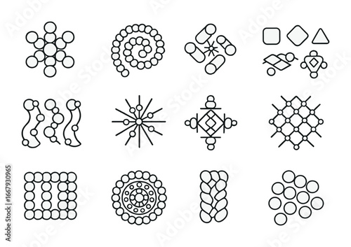 Beading Pattern Icons. Outline icon set of beading patterns: floral design, spiral design, geometric shapes,