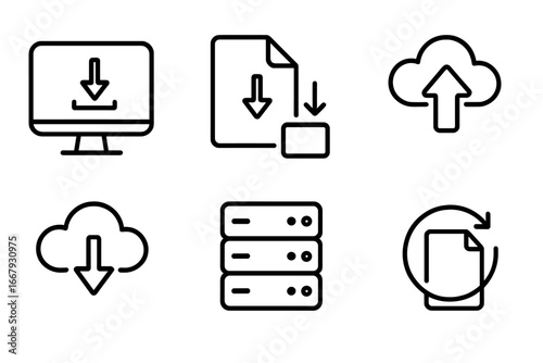 Data transfer line icon set. Download, upload, cloud storage, server, backup and restore vector icons. Computer file management symbols. Web hosting outline graphic elements.