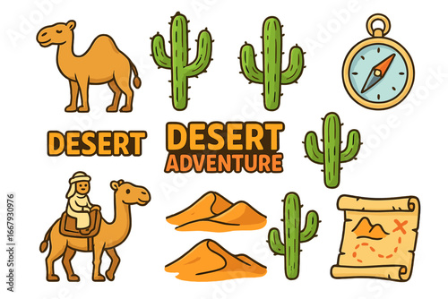 Desert adventure icon set. Vector cartoon elements for exploration, travel. Camel with rider, saguaro cactus, sand dunes, compass, and treasure map. Cute sticker clip art pack.