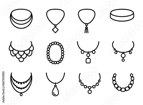 Statement Necklace Icons. Outline icon set of statement necklace designs: layered chains, pendant, gemstone