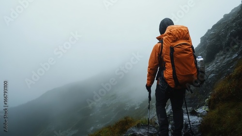 Adventurous hiker navigating foggy trail mountain landscape photography misty environment outdoor viewpoint exploration journey
