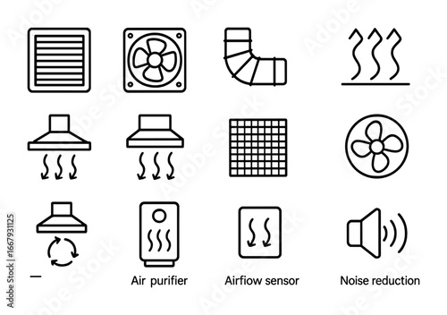 Kitchen Ventilation Icons. Outline icon set of kitchen ventilation: air vent, exhaust fan, ducting pipe,