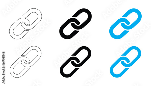 Three sets of chain link icons in different styles isolated on white background