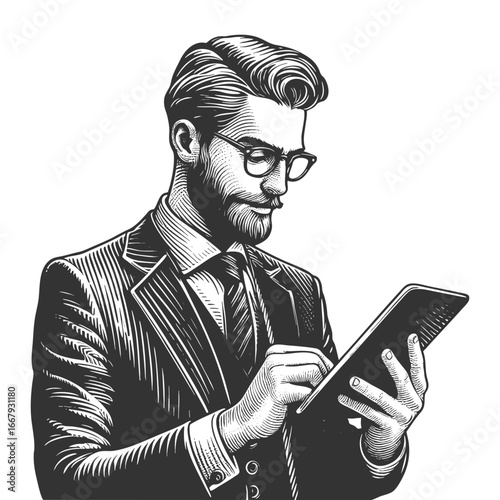 bearded businessman in a suit and glasses working on a digital tablet device sketch engraving generative ai fictional character vector illustration. Scratch board imitation. Black and white image.