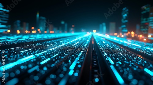Futuristic city data stream digital highway network connection technology ai