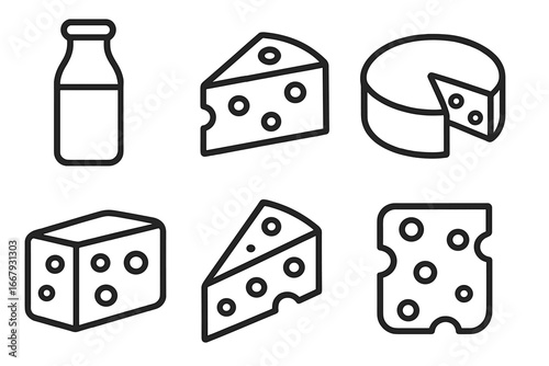 Cheese icon set in simple outline style. Dairy product and gourmet food vector collection. Includes milk bottle, wedge, block, wheel, and slices of swiss cheese. Linear pictogram.