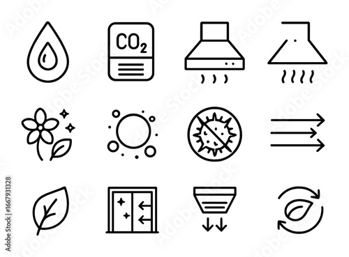 Air Quality Icon Set. Outline icon set of household air quality: humidity meter, CO2 sensor, air purifier,