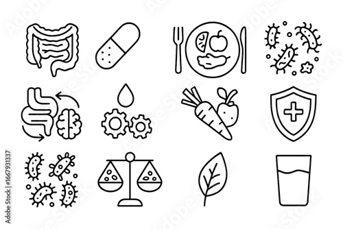 Gut Health Icons. Outline icon set of gut health: intestine, probiotic capsule, healthy diet plate, microbiota