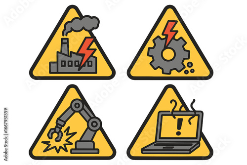 Industrial warning signs set. Vector icons for factory hazard, machinery breakdown, robot malfunction, power outage, system error. Workplace safety and technology failure symbols.