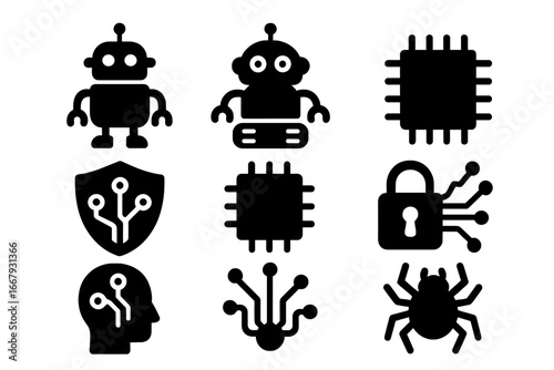 Technology icon set with robot, AI, and cybersecurity symbols. Vector silhouettes of microchip, circuit board, bot, and digital protection. Concept for machine learning.