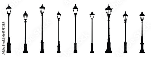 Collection of vintage street lamps isolated on white background