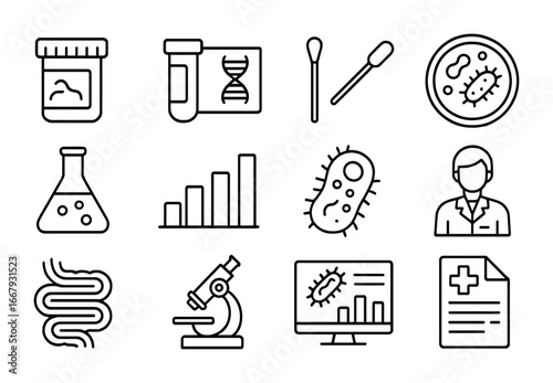 Microbiome Testing Icons. Outline icon set of microbiome testing: stool sample jar, DNA test kit, cotton swab,