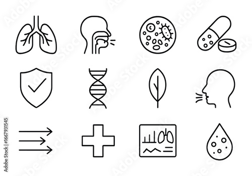 Respiratory Microbiome Icons. Outline icon set of respiratory microbiome: lungs, airway diagram, bacteria