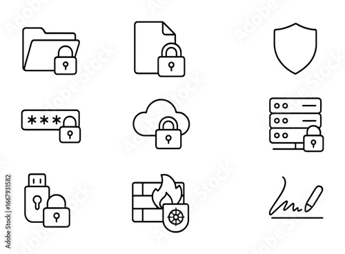 Data Protection Icons. Outline icon set of data protection: encrypted folder, lock file, shield icon, password