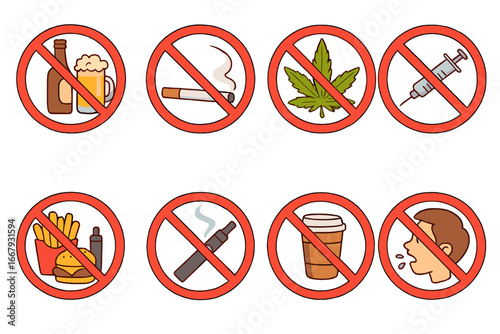 Set of prohibition signs. No smoking, alcohol, drugs, junk food. Ban on bad habits like vaping, cannabis, coffee. Health warning vector icon collection for public awareness.