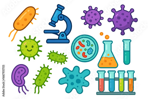 Microbiology research icon set with cartoon bacteria, virus, and lab equipment. Vector illustration of microbes, cells, microscope, petri dish, and test tubes for science.