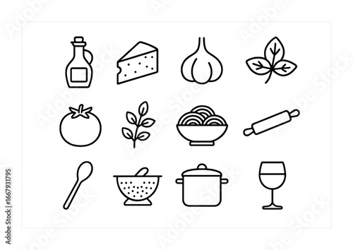 Italian Cuisine Icons. Outline icon set of Italian cuisine essentials: olive oil bottle, parmesan cheese,