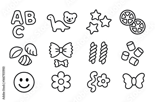Fun Pasta Shapes. Outline icon set of pasta shapes for kids: alphabet pasta, animal shapes, star pasta, wheels