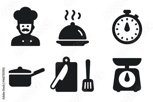 Cooking and kitchen solid glyph icon set. Chef, hot meal, recipe timer, cooking pot, cutting board, and kitchen scale symbols. Gastronomy and food preparation vector icons.